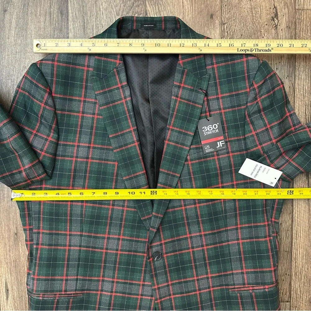 JF J Ferrar Sports Coat Slim Suit Jacket Men's XL 46/48 R Plaid Red Green
